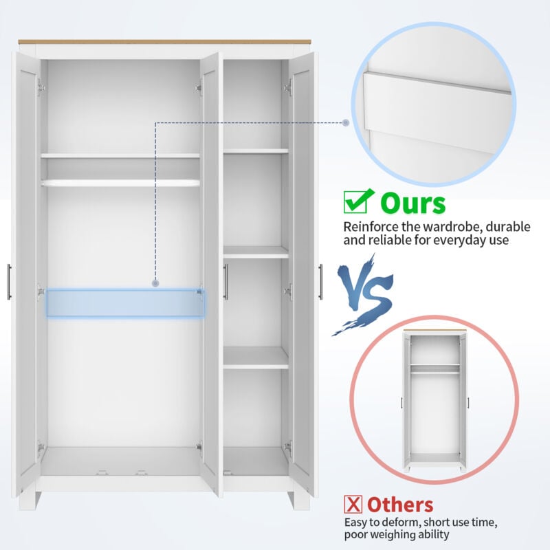 SIRHONA Armoire de rangement à 3 portes blanche avec poignées en acier inoxydable 112x50x180 cm Meubles de chambre à coucher brillants 3