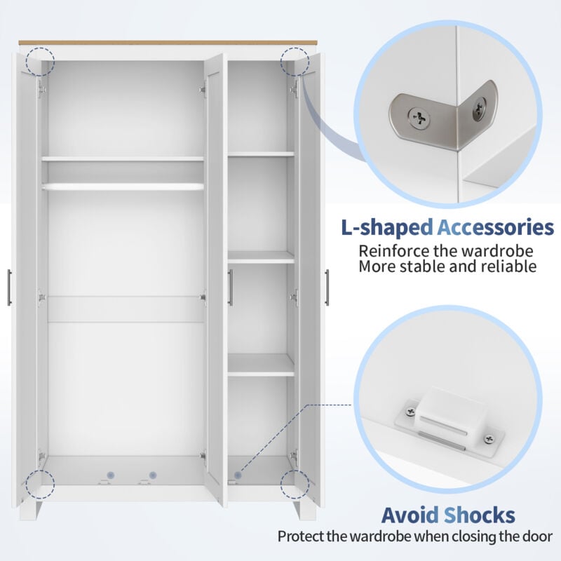 SIRHONA Armoire de rangement à 3 portes blanche avec poignées en acier inoxydable 112x50x180 cm Meubles de chambre à coucher brillants 4