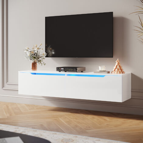 SIRHONA Meuble TV avec éclairage LED Suspendu Blanc Brillant erre LED éclairage RVB 16 Couleurs 140 cm Moderne 2 abattants