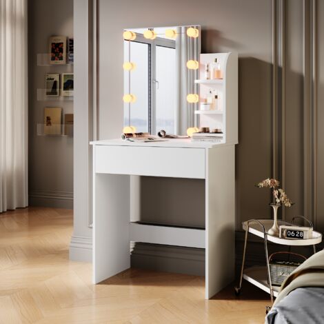 SIRHONA Coiffeuse avec Miroir, Table de maquillage avec 1 tiroir et 3 Compartiments Ouverts, Table de vanité, Style Moderne, Blanc + 10 Ampoules LED (3 couleurs)