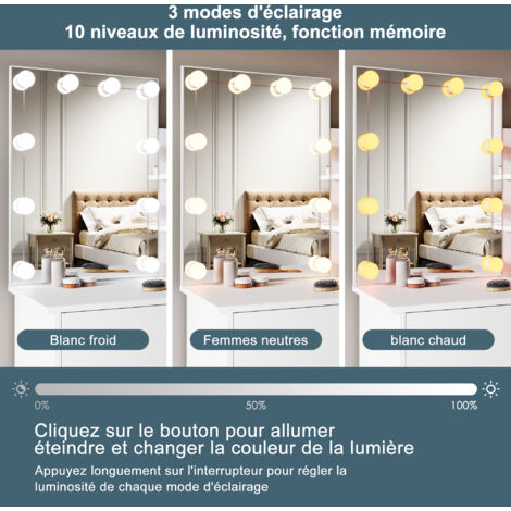SIRHONA Coiffeuse avec Miroir, Table de maquillage avec 1 tiroir et 3 Compartiments Ouverts, Table de vanité, Style Moderne, Blanc + 10 Ampoules LED (3 couleurs)