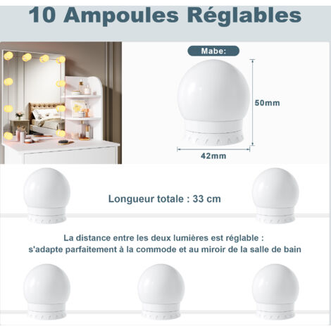 SIRHONA Coiffeuse avec Miroir, Table de maquillage avec 1 tiroir et 3 Compartiments Ouverts, Table de vanité, Style Moderne, Blanc + 10 Ampoules LED (3 couleurs)