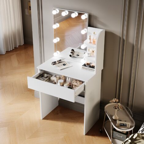 SIRHONA Coiffeuse avec Miroir, Table de maquillage avec 1 tiroir et 3 Compartiments Ouverts, Table de vanité, Style Moderne, Blanc + 10 Ampoules LED (3 couleurs)