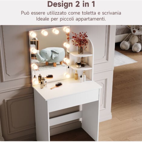 SIRHONA Coiffeuse avec Miroir, Table de maquillage avec 1 tiroir et 3 Compartiments Ouverts, Table de vanité, Blanc + 10 Ampoules LED (3 couleurs)  Style Moderne,