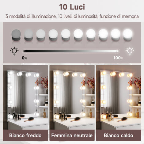 SIRHONA Coiffeuse avec Miroir, Table de maquillage avec 1 tiroir et 3 Compartiments Ouverts, Table de vanité, Blanc + 10 Ampoules LED (3 couleurs)  Style Moderne,