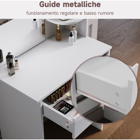 SIRHONA Coiffeuse avec Miroir, Table de maquillage avec 1 tiroir et 3 Compartiments Ouverts, Table de vanité, Blanc + 10 Ampoules LED (3 couleurs)  Style Moderne,