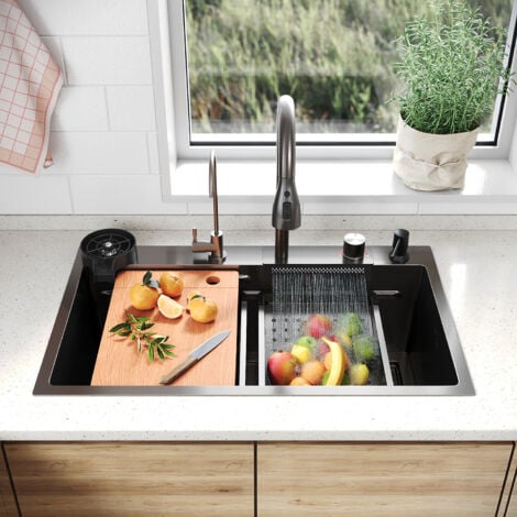 SIRHONA Évier de Cuisine 1 Bac Acier inoxydable 304 avec bec cascade et robinet escamotable 75x45x23 cm