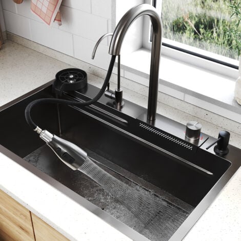 SIRHONA Évier de Cuisine 1 Bac Acier inoxydable 304 avec bec cascade et robinet escamotable 75x45x23 cm