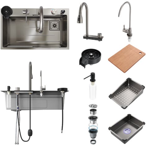 SIRHONA Évier de Cuisine 1 Bac Acier inoxydable 304 avec bec cascade et robinet escamotable 75x45x23 cm