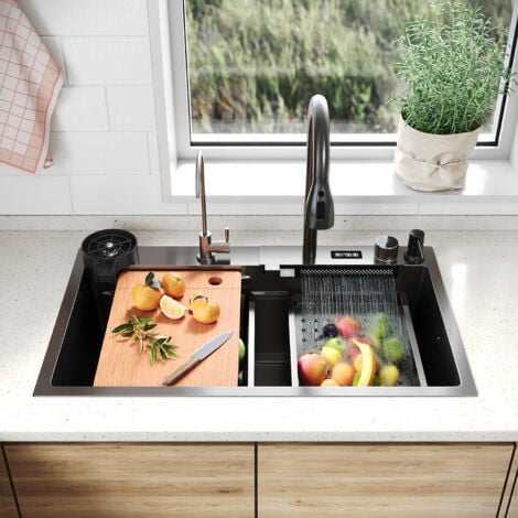 SIRHONA Évier de Cuisine 1 Bac Acier inoxydable 304 avec bec cascade et robinet escamotable 75x45x23 cm avec affichage de la température