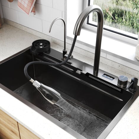 SIRHONA Évier de Cuisine 1 Bac Acier inoxydable 304 avec bec cascade et robinet escamotable 75x45x23 cm avec affichage de la température