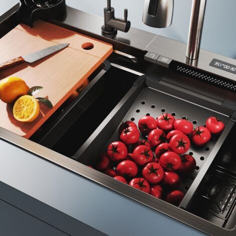 SIRHONA Évier de Cuisine 1 Bac Acier inoxydable 304 avec bec cascade et robinet escamotable 75x45x23 cm avec affichage de la température