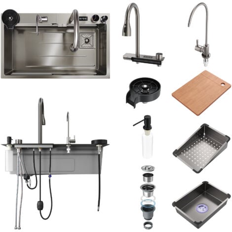 SIRHONA Évier de Cuisine 1 Bac Acier inoxydable 304 avec bec cascade et robinet escamotable 75x45x23 cm avec affichage de la température