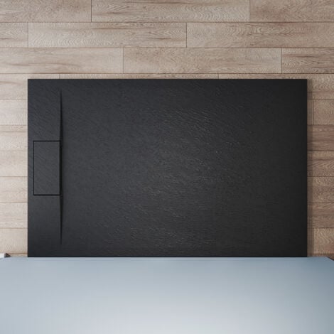 SIRHONA Receveur de douche 140x90cm Receveur de douche plat de haute qualité pour cabine de douche Salle de bain SMC Noir 32mm texture ardoise antidérapant, garniture de vidage, design découpable