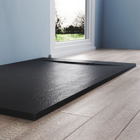 SIRHONA Receveur de douche 140x90cm Receveur de douche plat de haute qualité pour cabine de douche Salle de bain SMC Noir 32mm texture ardoise antidérapant, garniture de vidage, design découpable