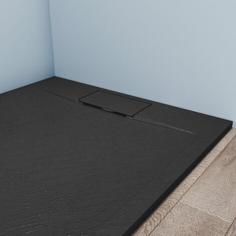 SIRHONA Receveur de douche 140x90cm Receveur de douche plat de haute qualité pour cabine de douche Salle de bain SMC Noir 32mm texture ardoise antidérapant, garniture de vidage, design découpable