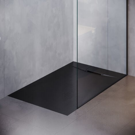 SIRHONA Receveur de douche 140x90cm Receveur de douche plat de haute qualité pour cabine de douche Salle de bain SMC Noir 32mm texture ardoise antidérapant, garniture de vidage, design découpable