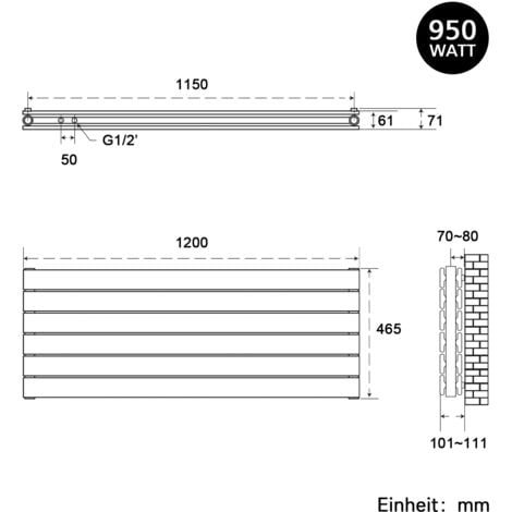 SONNI Radiateur eau chaude bicouche Blanc Horizontal en acier 465x1200 mm Radiateur chauffage central (950W)