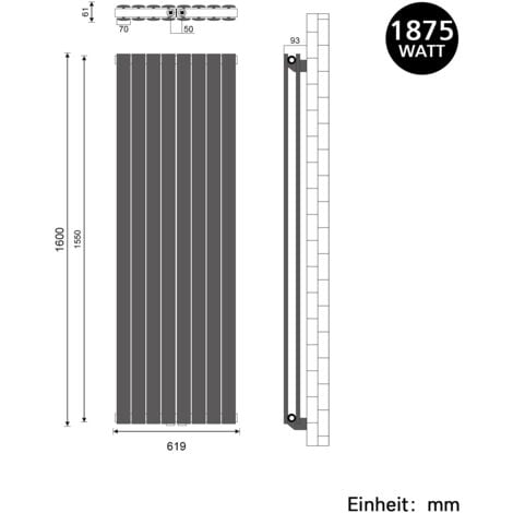 SONNI Radiateur eau chaude en acier Conception murale Vertical Radiateur chauffage central 1600x619mm Panneau Double Anthracite (1875W)