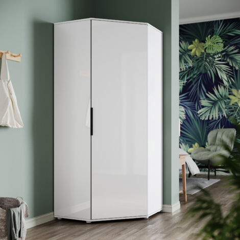 SIRHONA Armoire d'angle moderne avec rails de suspension Blanc brillant et mat Chambre à coucher Meuble de rangement