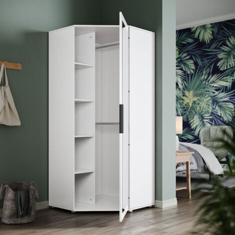 SIRHONA Armoire d'angle moderne avec miroir et tringles de penderie Meubles de rangement pour chambre à coucher blanc brillant et mat