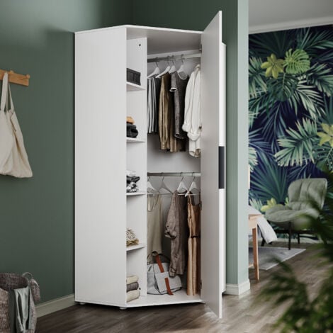 SIRHONA Armoire d'angle moderne avec miroir et tringles de penderie Meubles de rangement pour chambre à coucher blanc brillant et mat