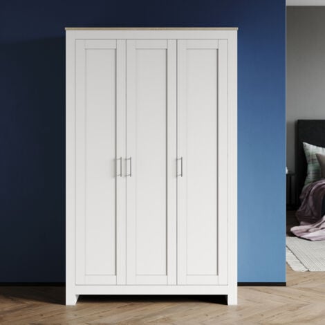 SIRHONA Armoire de rangement à 3 portes blanche avec poignées en acier inoxydable 112x50x180 cm Meubles de chambre à coucher brillants