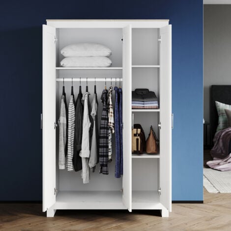 SIRHONA Armoire de rangement à 3 portes blanche avec poignées en acier inoxydable 112x50x180 cm Meubles de chambre à coucher brillants