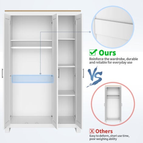SIRHONA Armoire de rangement à 3 portes blanche avec poignées en acier inoxydable 112x50x180 cm Meubles de chambre à coucher brillants