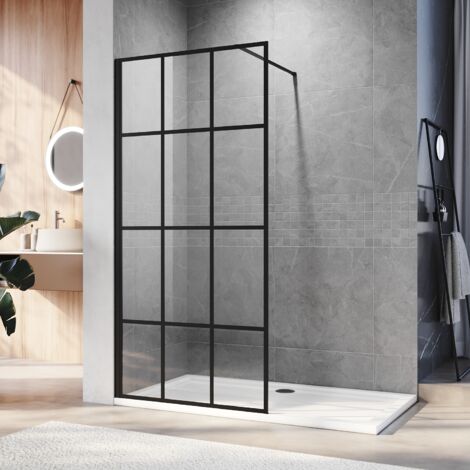 SIRHONA Porte de douche à l'italienne 1100mm avec cadre noir Verre trempé de sécurité 8mm Cabine de douche pour salle d'eau avec barre de support en acier inoxydable