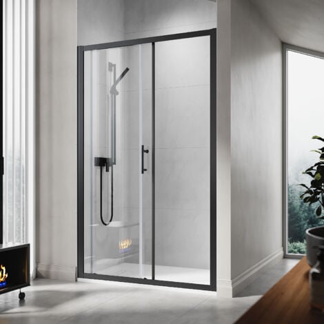 SIRHONA Porte de douche coulissante 6mm Verre trempé Cadre noir Paroi de douche 110cm