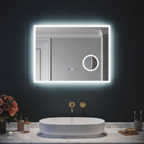 Sirhona – Miroir lumineux de salle de bain 80x60 cm – Anti-buée – Loupe 3x – Interrupteur tactile étanche – Résistant aux chocs – IP44 (1/5)