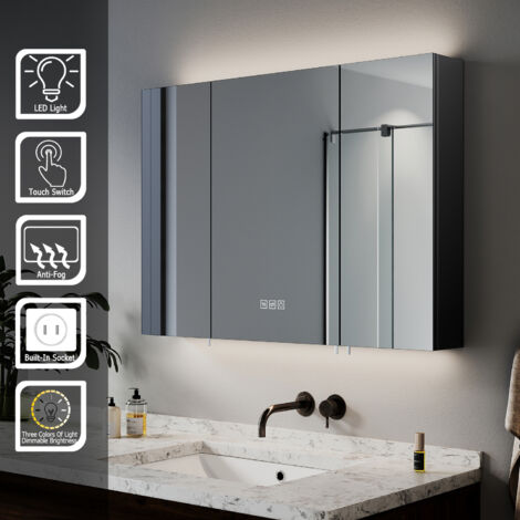 SIRHONA Armoire murale de salle de bain avec prise rasoir, désembuage et 3 modes d'éclairage 900x650mm Armoire de toilette à LED design à 3 portes (1/5)