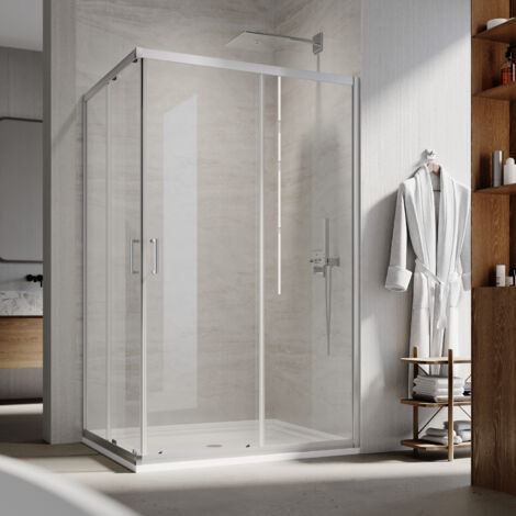 SIRHONA Cabine de Douche Réversible Porte de Douche Coulissante D'angle 5mm, Cadre Argenté 80 x 90 x 195 cm