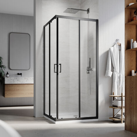 SIRHONA Cabine de Douche Réversible Porte de Douche Coulissante D'angle 5mm, Cadre Noir Mat 80 x 80 x 195 cm