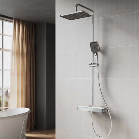 SIRHONA Colonne de Douche Thermostatique, Laiton Chromé Colonne de Douche Tube Rond Thermostat à Bouton Poussoir Triple Fonction