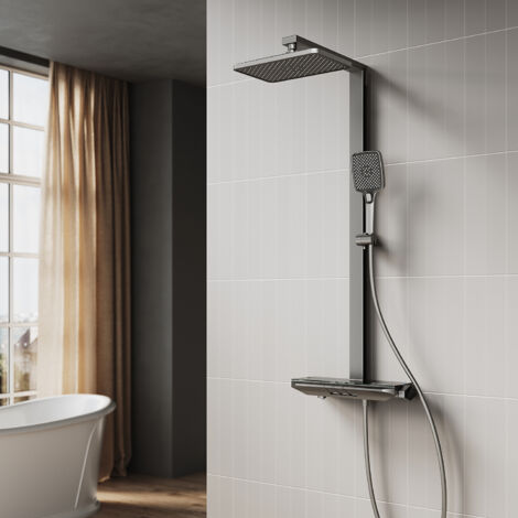 SIRHONA Colonne de Douche Thermostatique, Laiton Gris Colonne de Douche Tube Carré Affichage Digital Thermostat à Clavier Triple Fonction