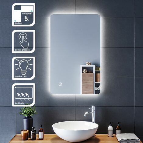SIRHONA Miroir led Miroir de salle de bains avec éclairage LED Miroir Cosmétiques Mural Lumière Illumination avec Commande par Effleurement 80x50 CM