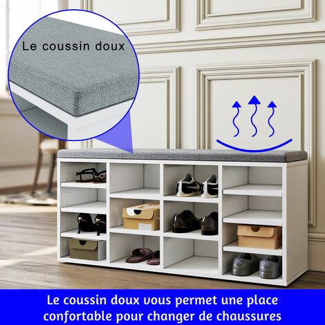 SIRHONA banc à chaussures, banc de rangement, banc porte-chaussures,  étagère à chaussures, armoire de rangement, 14 compartiments, avec coussin,  pour