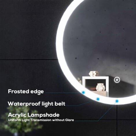 Miroir rond led Lumineuse LED Miroir de maquillage anti-buée et an-ti poussière avec capteur tactile,lumière blanche,SIRHONA 80x80cm