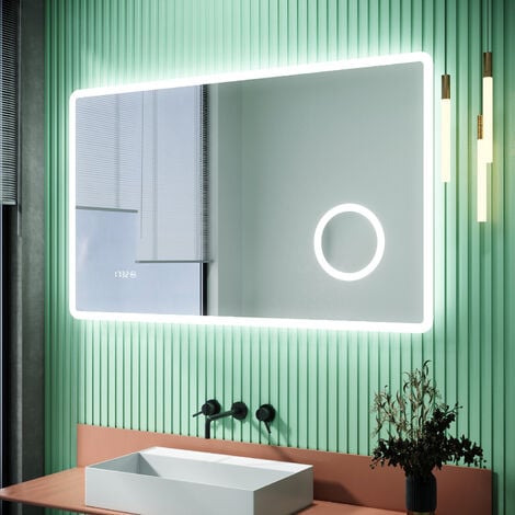SIRHONA Miroir lumineux de salle de bain, miroir LED mural de 100x60 cm anti-buée avec miroir grossissant 3 fois, prise de courant