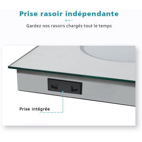 SIRHONA Miroir lumineux de salle de bain, miroir LED mural de 100x60 cm anti-buée avec miroir grossissant 3 fois, prise de courant