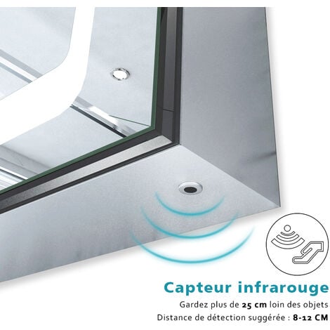SIRHONA Miroir lumineux de salle de bain, miroir LED mural de 100x60 cm anti-buée avec miroir grossissant 3 fois, prise de courant