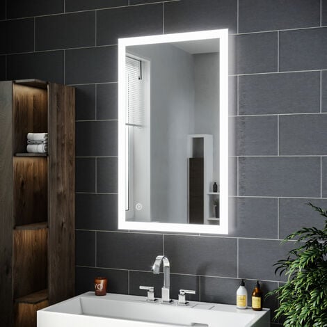Miroir salle de bains LED Miroir Cosmétiques Modèle Carré Miroir Mural Lumière Blanc Froid avec Interrupteur Touch 100x60 CM