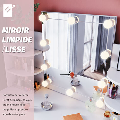 Coiffeuse avec Miroir et Tabouret 1 Tiroir, 4 Compartiments de Rangement Miroir - 108x40x140cm - Coiffeuse avec 10 Ampoules LED