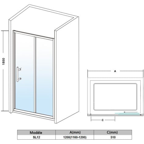 SIRHONA Porte de Douche Coulissante avec ajustage de largeur, en verre sécurit de 6mm, 120x185 cm