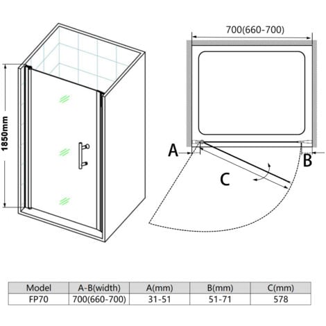 Porte de Douche 70 x 185 cm pivotante extensible verre trempé 6mm Joint de bas étanche,SIRHONA