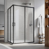 SIRHONA Cabine de Douche Réversible Porte de Douche Coulissante D'angle 5mm, Cadre Noir Mat 70 x 90 x 195 cm