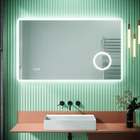 SIRHONA Miroir lumineux de salle de bain, miroir LED mural de 100x60 cm anti-buée avec miroir grossissant 3 fois, prise de courant