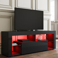 SIRHONA Meuble TV LED Noir avec 2 Compartiments et 1 Portes Bois, Meuble Télé avec Rangement en Verre LED éclairage RVB 16 Couleurs,140 cm